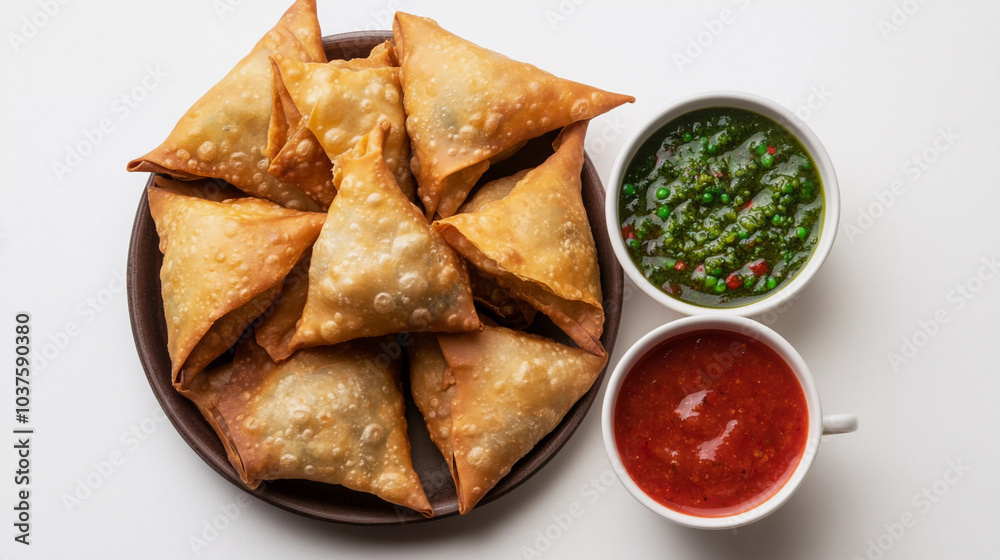 Top view of keema samosa served with red and green chutney isolated on white background Top view of keema samosa served with red and green chutney isolated on white background