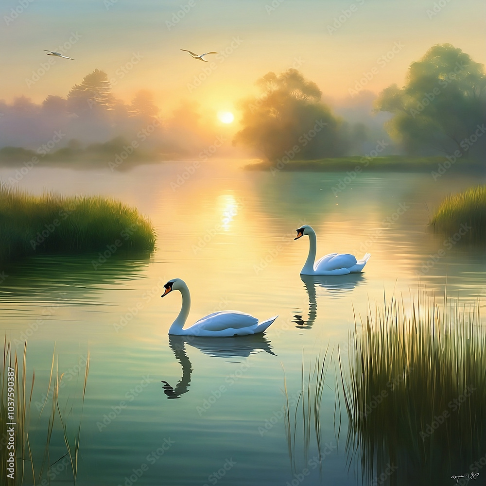 Fototapeta premium swan on the lake at sunset