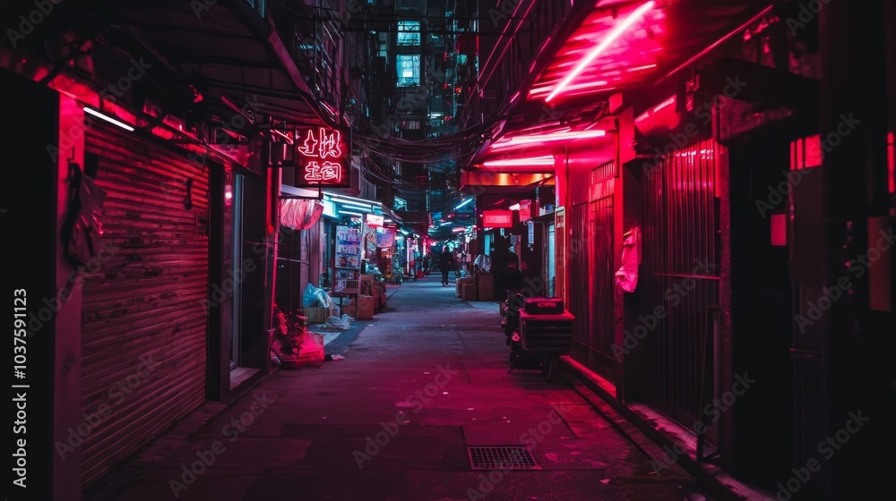 Fototapeta premium Electric Nights: Cinematic Urban Alleyway with Neon Signs and Street Vendors capturing the Urban Hustle and Bustle