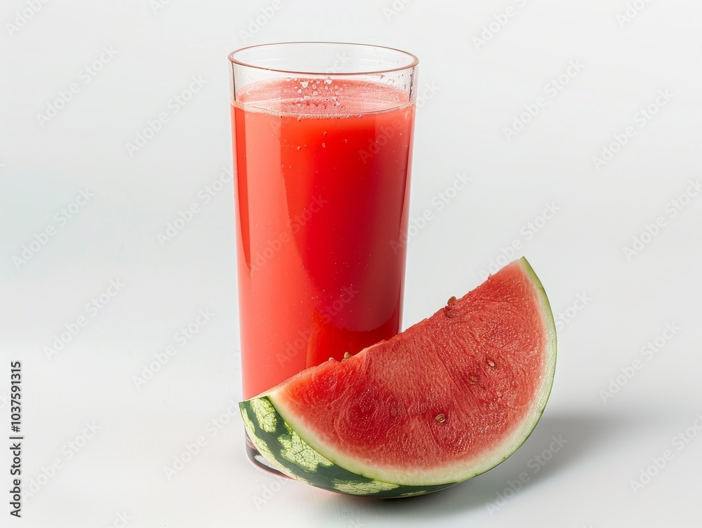 A glass of watermelon juice with a watermelon slice on a white background A glass of watermelon juice with a watermelon slice on a white background