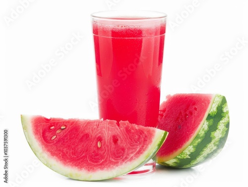 A glass of watermelon juice with a watermelon slice on a white background