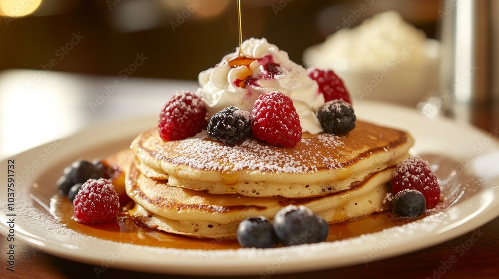 A plate of fluffy buttermilk pancakes topped with fresh berries and drizzled with maple syrup, Buttermilk pancakes centered, Sweet and comforting flavors A plate of fluffy buttermilk pancakes topped with fresh berries and drizzled with maple syrup, Buttermilk pancakes centered, Sweet and comforting flavors
