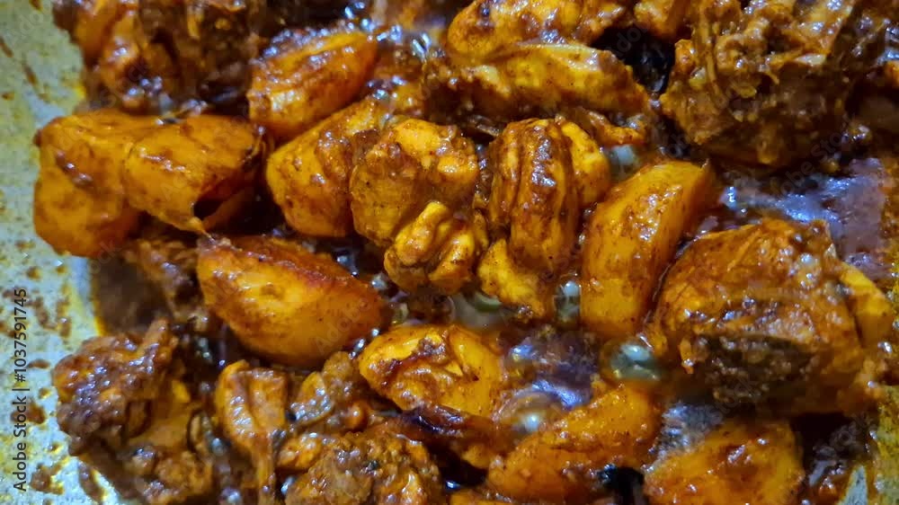 Sizzling chicken curry frying in a pan, with aromatic spices and vibrant colors, perfect for food ads, cooking shows, vlogs etc.