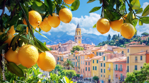 The famous Lemon Festival (La F?te du Citron). Ripe lemons and view of the coast and Menton. Horizontal banner. Copy space. Travel in France. Carnival of Menton. photo