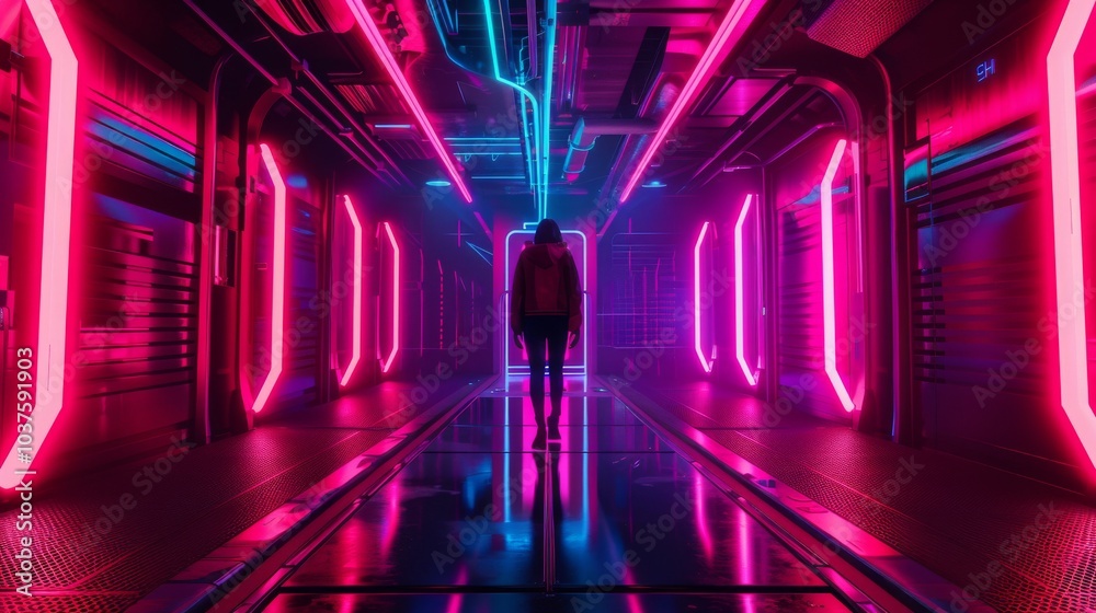 Advanced hacker in a neon-lit underground base
