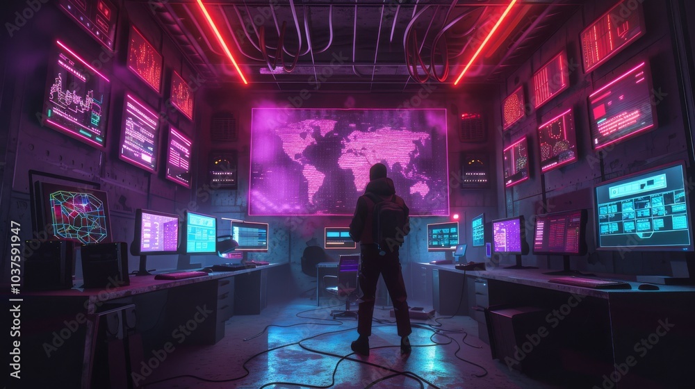 Advanced hacker in a neon-lit underground base Advanced hacker in a neon-lit underground base