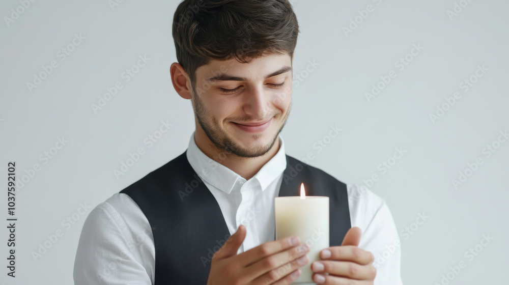Young man arranging church candle in studio setting for religious or spiritual themes Young man arranging church candle in studio setting for religious or spiritual themes