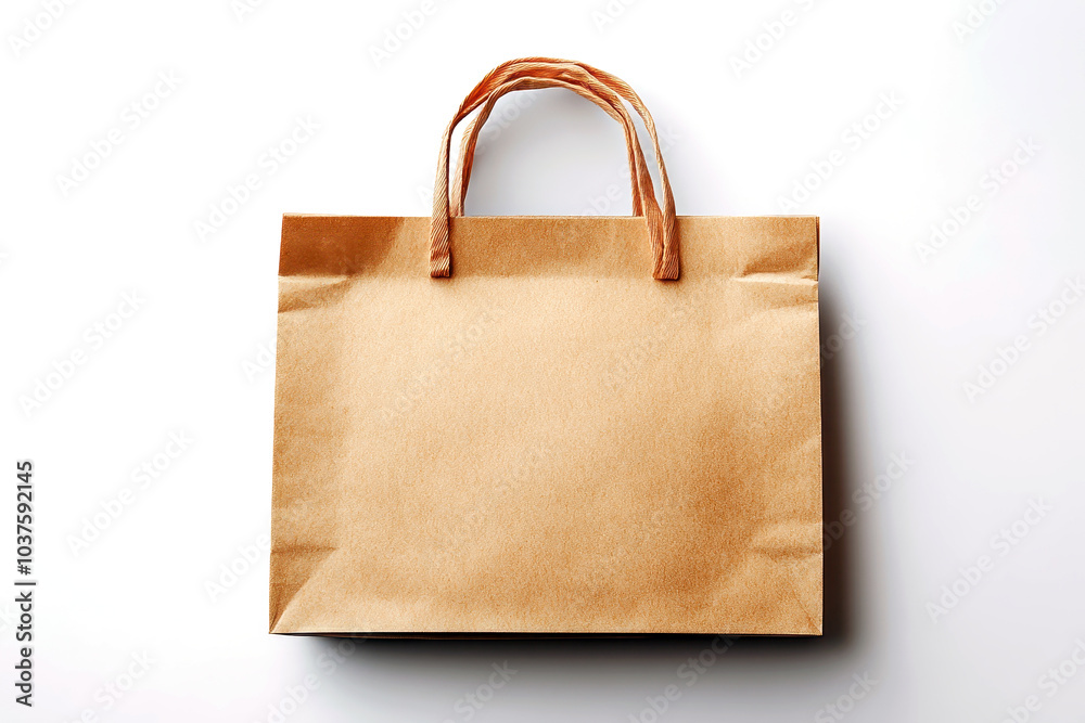 Brown paper shopping bag with flat handles on white background, top view Brown paper shopping bag with flat handles on white background, top view