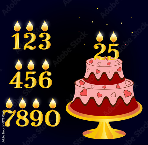 Birthday cake with gold candles and numbers on a black background, vector. Elements for congratulations on the anniversary.