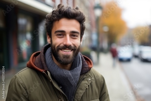 Portrait of a handsome young man with beard in the city.