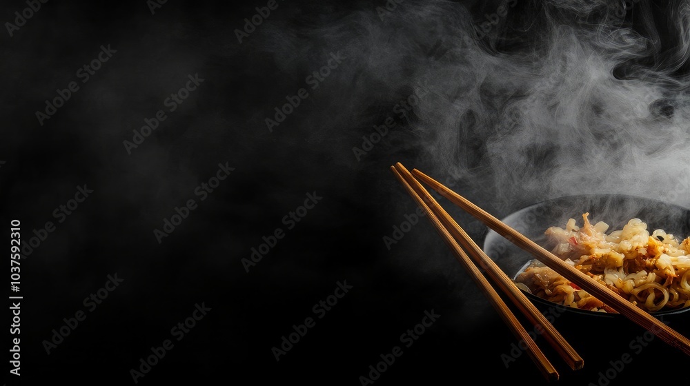 Noodles and chopsticks surrounded by smoke on a dark background with a clipping path Noodles and chopsticks surrounded by smoke on a dark background with a clipping path