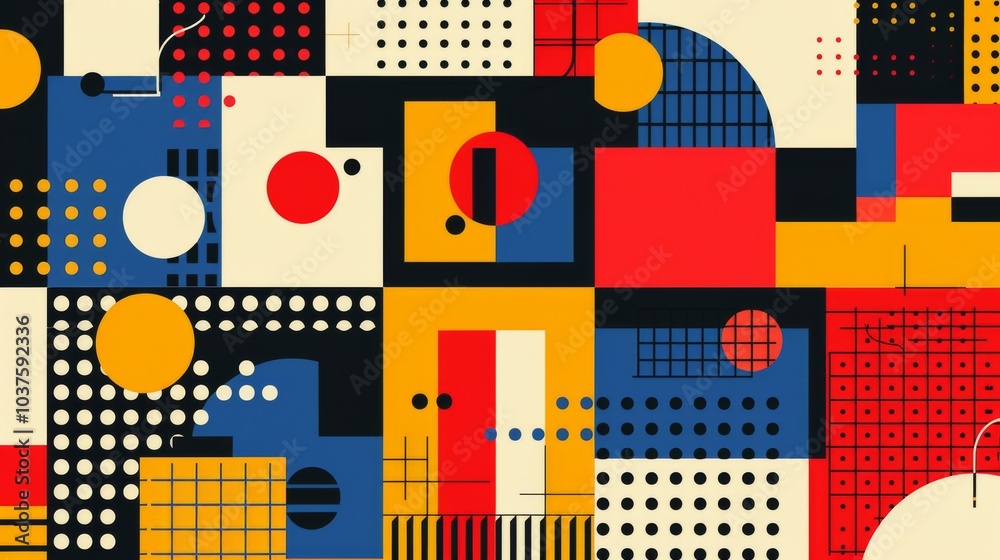 Bauhaus-inspired geometric pattern poster featuring abstract shapes and primary colors. Modern, minimalist design. Vector illustration