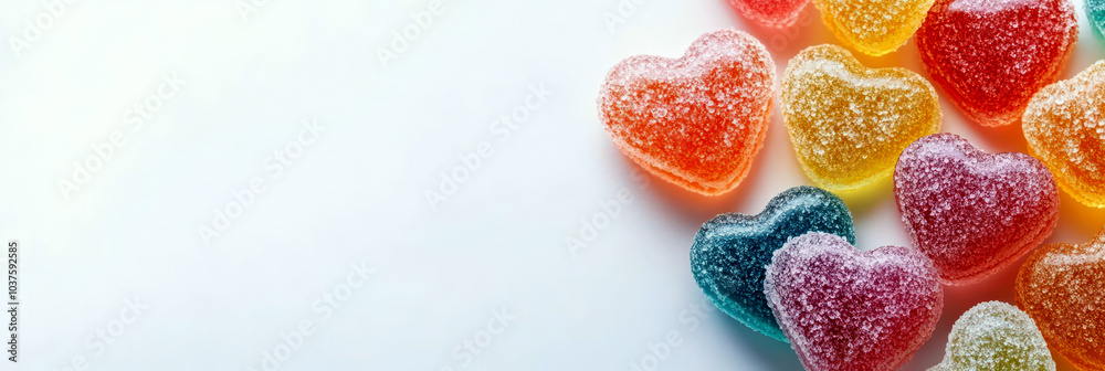 Happy Valentine's day. Multicolored jelly candies in the shape of hearts on a stone background. Horizontal banner. Copy space Happy Valentine's day. Multicolored jelly candies in the shape of hearts on a stone background. Horizontal banner. Copy space