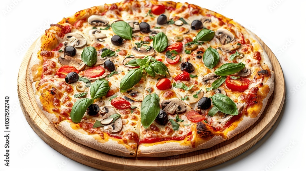 Classic pizza with a variety of fresh toppings like mushrooms and olives, served on a wooden board isolated on a white background Classic pizza with a variety of fresh toppings like mushrooms and olives, served on a wooden board isolated on a white background