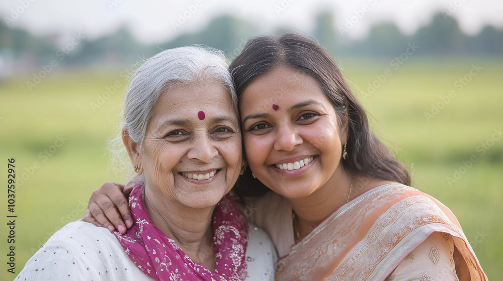 Portrait of indian grandmother with daughter, happiness and togetherness concept Portrait of indian grandmother with daughter, happiness and togetherness concept