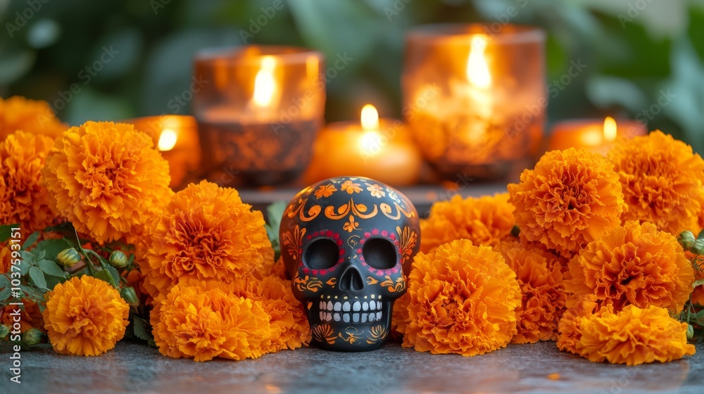 Day of the Dead Sugar Skull Decorated with Marigolds Day of the Dead Sugar Skull Decorated with Marigolds