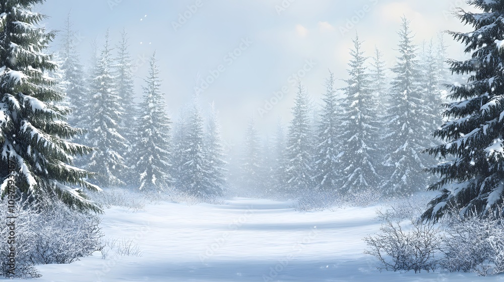 Naklejka premium Snow-covered Evergreen Forest with a Light Blue Sky