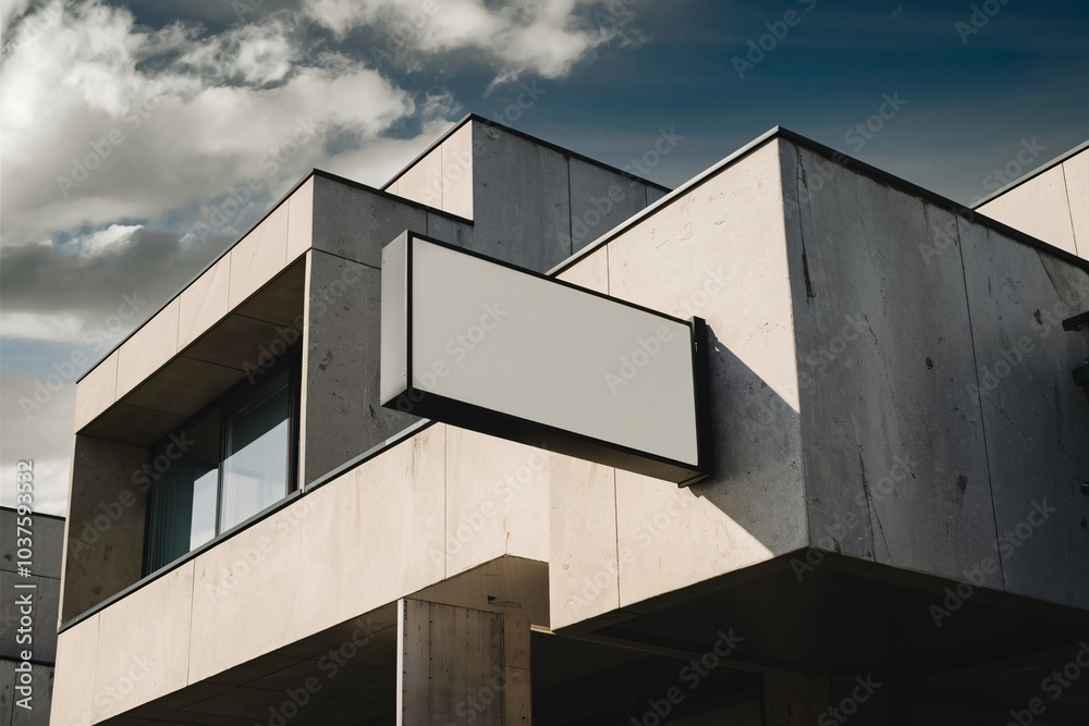 Fototapeta premium Modern Business Sign Mockup: A blank sign on a sleek modern building, perfect for showcasing your brand or message. The minimalist design and clean lines offer a professional and contemporary feel. 