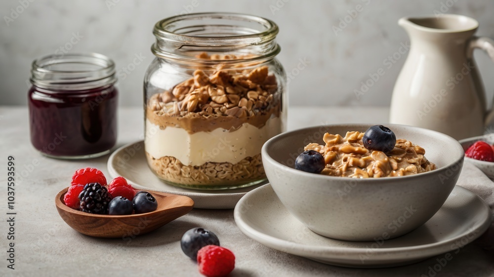 Cakes and Jars of Preserves on Table with Fruit Cakes and Jars of Preserves on Table with Fruit