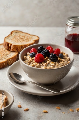 Oatmeal with Jam and Whole Grain Bread