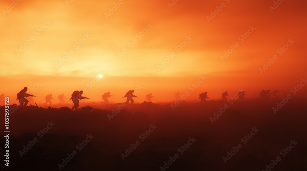 Dusk on the Battlefield: Soldiers Silhouetted in Fiery Sky - Cinematic War Scene with Ultra-Detailed Lighting Dusk on the Battlefield: Soldiers Silhouetted in Fiery Sky - Cinematic War Scene with Ultra-Detailed Lighting