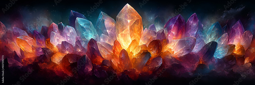 Fototapeta premium A vibrant display of colorful crystals illuminated against a dark background, showcasing an array of hues from blue to orange.