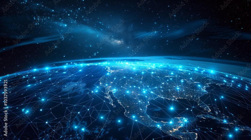 Fototapeta premium Earth surrounded by digital nodes and data streams showing global networks and blockchain technology