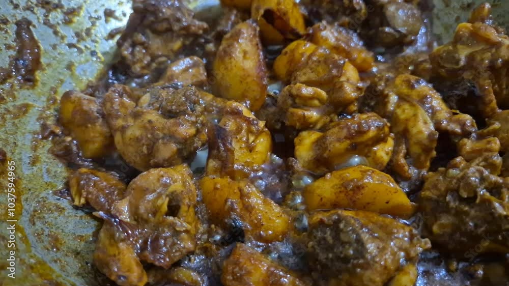 Sizzling chicken curry frying in a pan, with aromatic spices and vibrant colors, perfect for food ads, cooking shows, vlogs etc. Sizzling chicken curry frying in a pan, with aromatic spices and vibrant colors, perfect for food ads, cooking shows, vlogs etc.