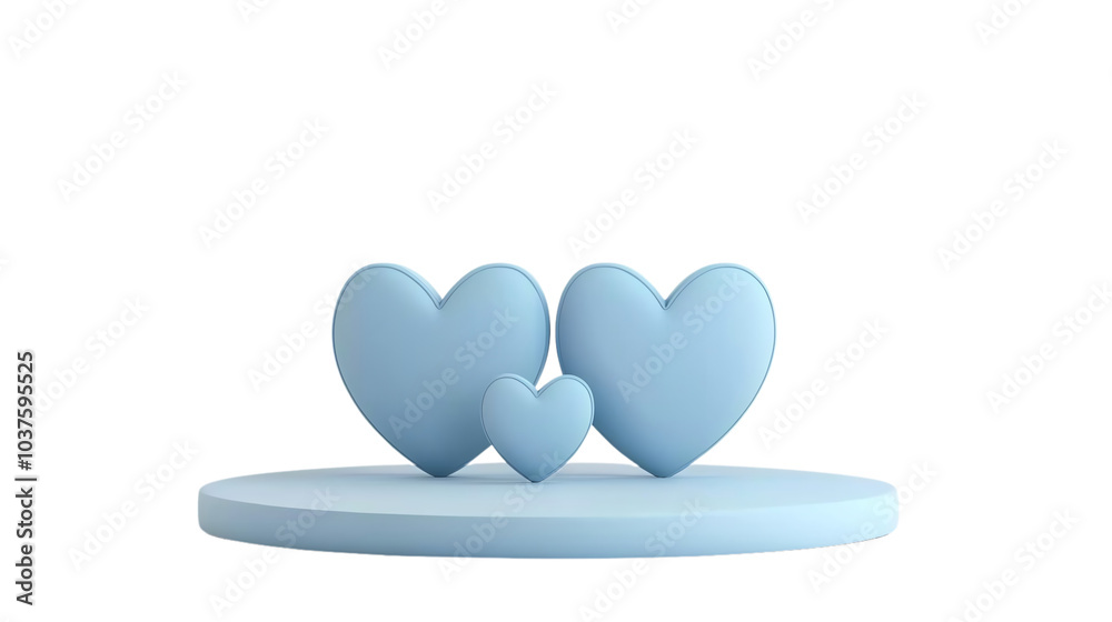 Three blue hearts on a round platform, white isolated background transparent background Three blue hearts on a round platform, white isolated background transparent background