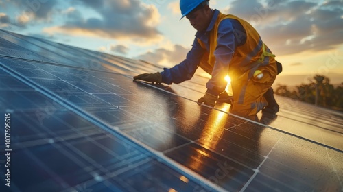Men placing solar cells on a factory roof early morning. Clean technology project