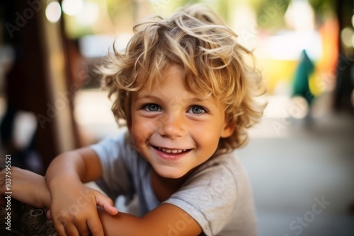 Portrait of cute little boy with blond curly hair looking at camera