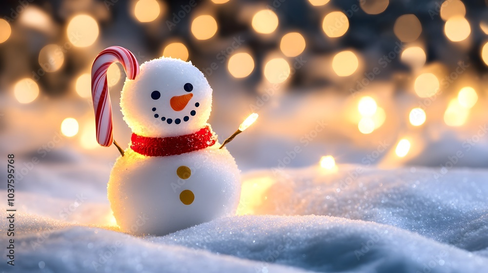 A Cheerful Snowman with a Candy Cane in a Snowy Winter Scene A Cheerful Snowman with a Candy Cane in a Snowy Winter Scene