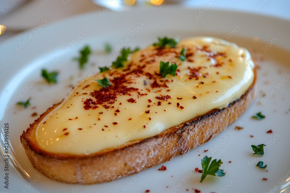 A cheese toast topped with extra melted cheese A cheese toast topped with extra melted cheese