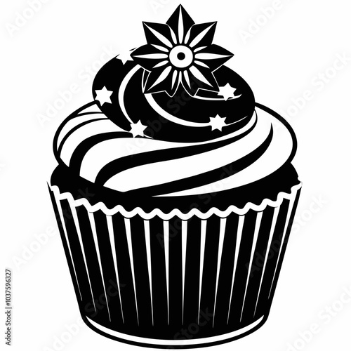 Stylized cupcake illustration with decorative icing and star topping in black and white vector design