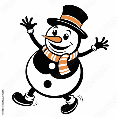 Stylized cheerful snowman illustration waving in black and white vector design