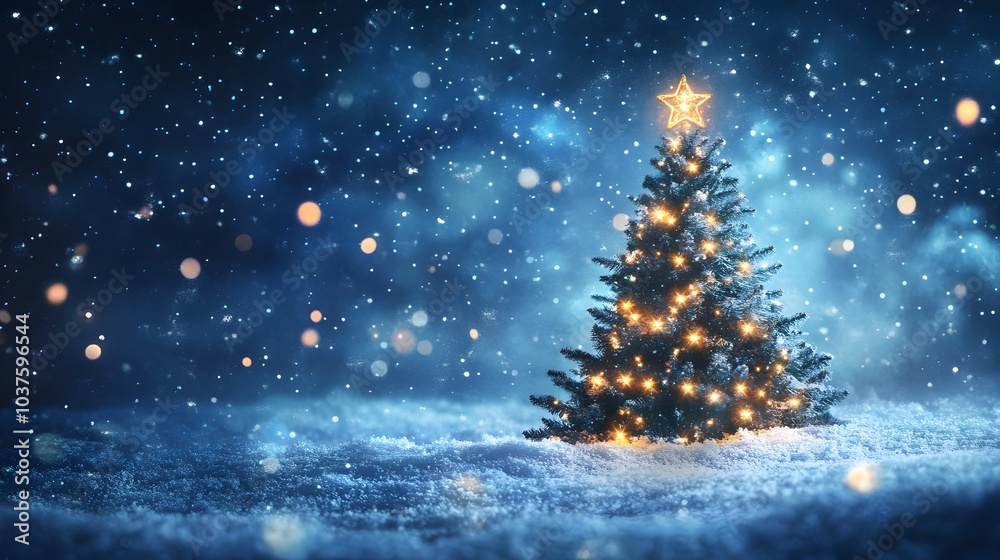 A Christmas Tree Adorned With Lights Standing in Snow A Christmas Tree Adorned With Lights Standing in Snow