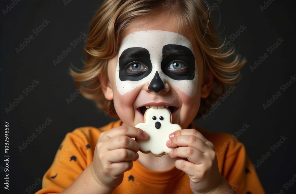 A child with a face painting on Halloween eats cookies decorated as Halloween ghosts