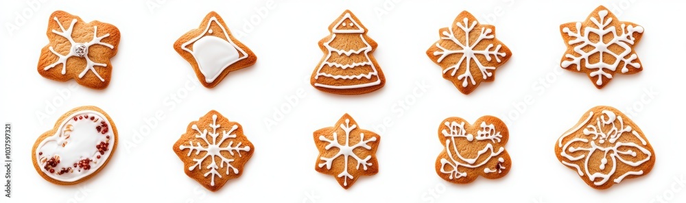 Stylish Christmas gingerbread cookies isolated on a white background. gingerbread cookies in various shapes, including Christmas trees, snowflakes, and human figures Stylish Christmas gingerbread cookies isolated on a white background. gingerbread cookies in various shapes, including Christmas trees, snowflakes, and human figures