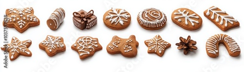 Stylish Christmas gingerbread cookies isolated on a white background. gingerbread cookies in various shapes, including Christmas trees, snowflakes, and human figures