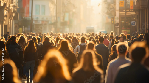 Bustling crowd and people flow, walking through street and city roads, busy commuters in group formation, sunset casting urban motion across downtown paths