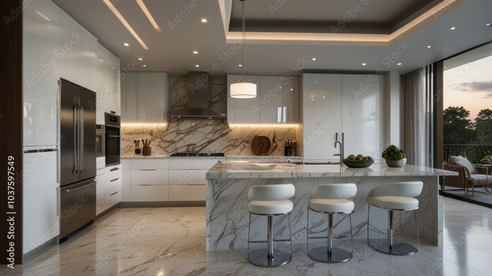a modern and luxurious kitchen with a predominantly white color palette. Sleek white cabinets complement the gleaming marble countertops, creating a clean and sophisticated aesthetic. a modern and luxurious kitchen with a predominantly white color palette. Sleek white cabinets complement the gleaming marble countertops, creating a clean and sophisticated aesthetic.
