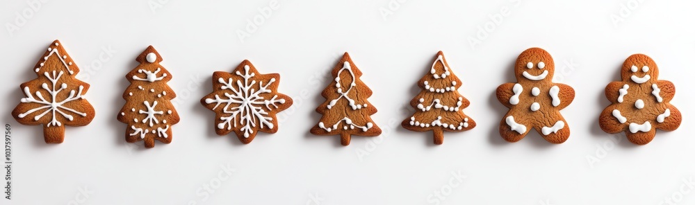 Stylish Christmas gingerbread cookies isolated on a white background. gingerbread cookies in various shapes, including Christmas trees, snowflakes, and human figures