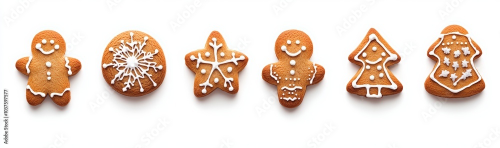 Stylish Christmas gingerbread cookies isolated on a white background. gingerbread cookies in various shapes, including Christmas trees, snowflakes, and human figures Stylish Christmas gingerbread cookies isolated on a white background. gingerbread cookies in various shapes, including Christmas trees, snowflakes, and human figures