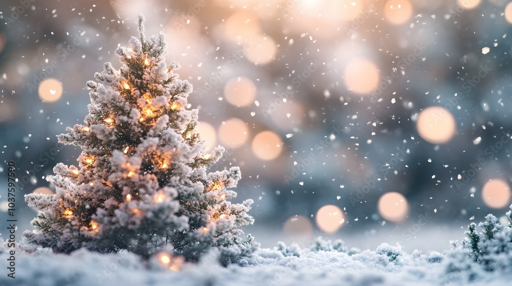 A Snowy Christmas Tree Lit with Warm Lights A Snowy Christmas Tree Lit with Warm Lights