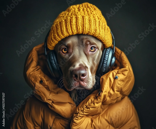 Portret wyżła weimarskiego w żółtej czapce i musztardowej kurtce, noszącego czarne słuchawki. Pies patrzy prosto w obiektyw z poważnym wyrazem pyska, a tło jest ciemne i rozmyte.