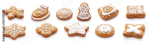 Stylish Christmas gingerbread cookies isolated on a white background. gingerbread cookies in various shapes, including Christmas trees, snowflakes, and human figures