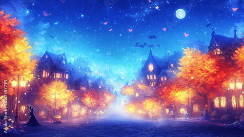 Halloween village scene under starry night sky with bats