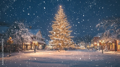 Illuminated Christmas Tree in Snowy Town Square at Night