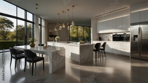 a modern and luxurious kitchen with a predominantly white color palette. Sleek white cabinets complement the gleaming marble countertops, creating a clean and sophisticated aesthetic.