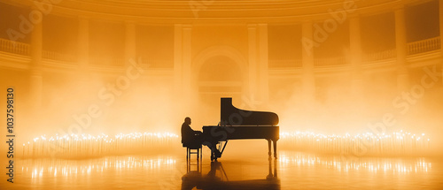 Silhouette of pianist playing grand piano in candlelit mist photo